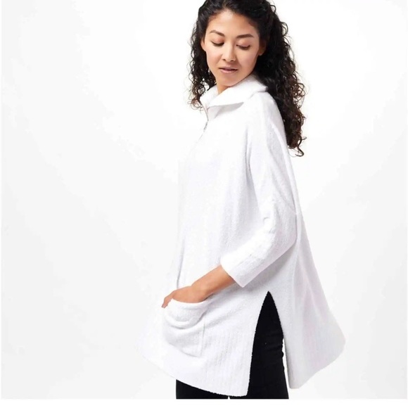 Barefoot Dreams Sweaters - Barefoot Dreams White CozyChic Lite Half-Zip Rolled Edge Tunic Pullover Sweater
